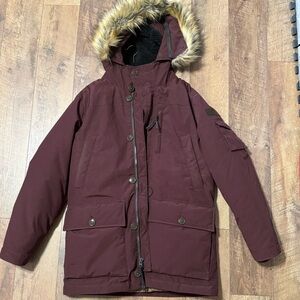 J.Crew Nordic Parka All-Weather Wine Red Burgundy Maroon Medium Faux Fur Hood